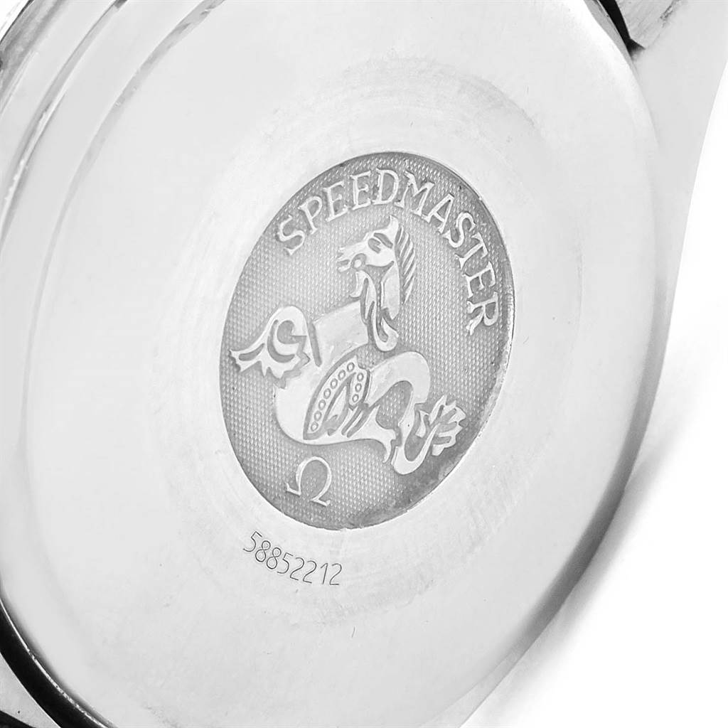 The image shows the back case of an Omega Speedmaster 3513.50.00 Men's Stainless Steel Black Dial 3513.50.00 Men's Stainless Steel Black Dial watch, displaying the engraved emblem and serial number.