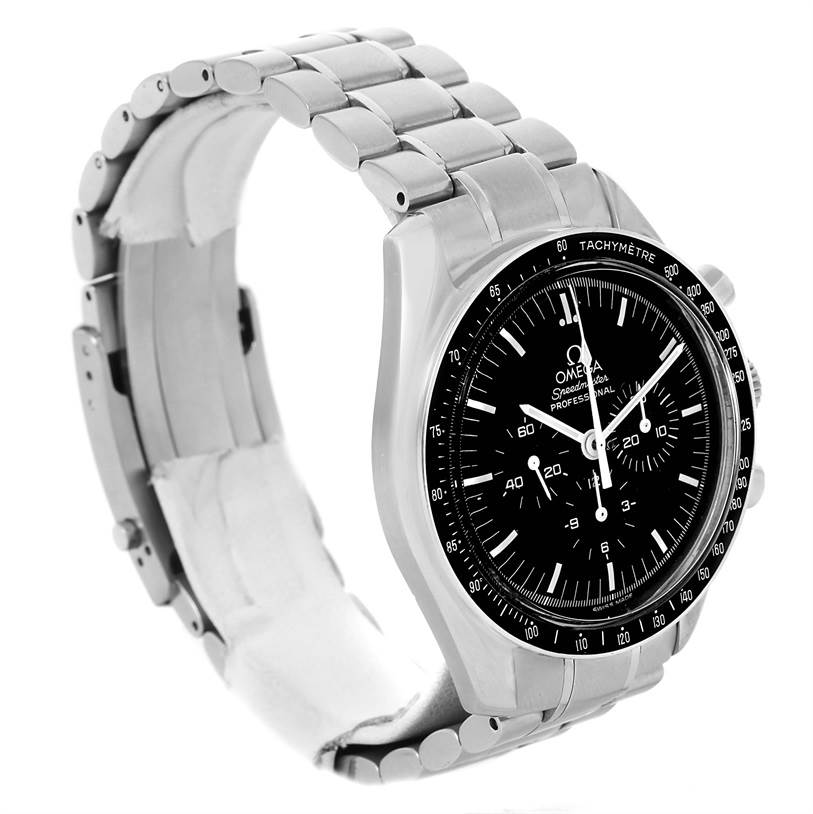 The image shows an Omega Speedmaster 3570.50.00 Men
s Stainless Steel Black Dial 3570.50.00 Men
s Stainless Steel Black Dial watch from a front-left angle, displaying its dial, bezel, and metal bracelet.