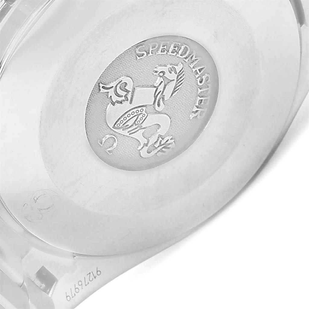 The image shows the back case of an Omega Speedmaster 3539.50.00 Men
s Stainless Steel Black Dial 3539.50.00 Men
s Stainless Steel Black Dial watch, featuring the engraved logo and model name.