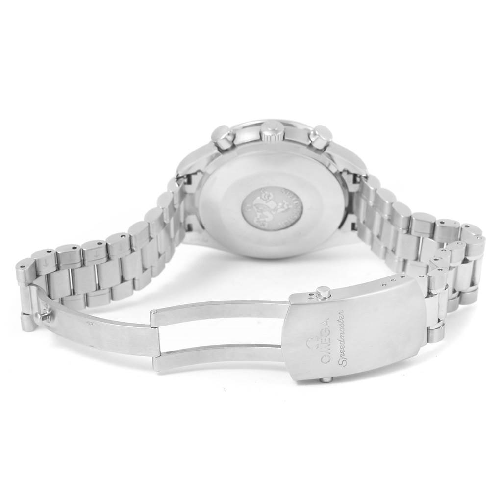 This image shows the back case and unfolded bracelet of an Omega Speedmaster 3539.50.00 Men
s Stainless Steel Black Dial 3539.50.00 Men
s Stainless Steel Black Dial watch.