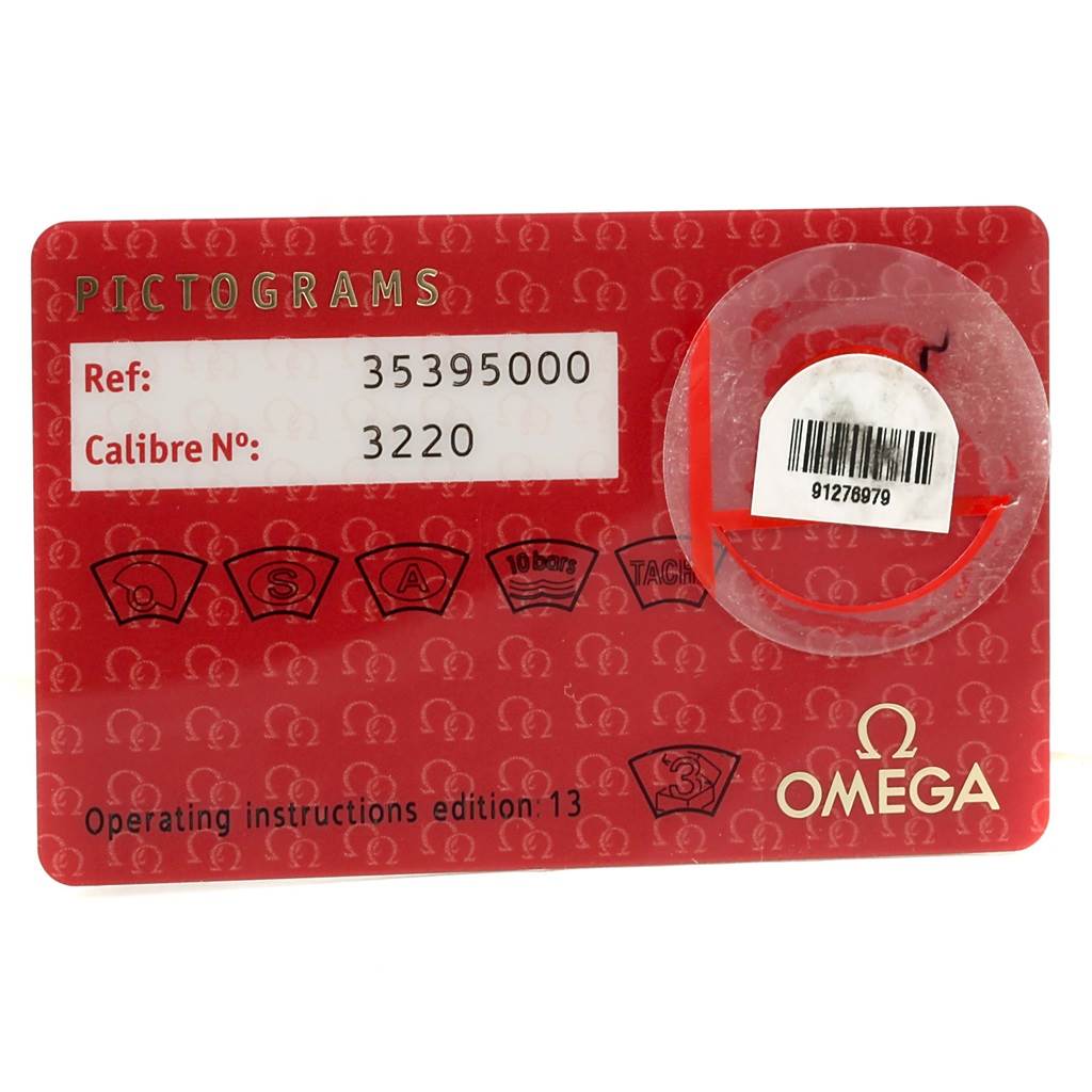 This image shows an identification card with reference and calibre numbers for an Omega Speedmaster 3539.50.00 Men
s Stainless Steel Black Dial 3539.50.00 Men
s Stainless Steel Black Dial watch.