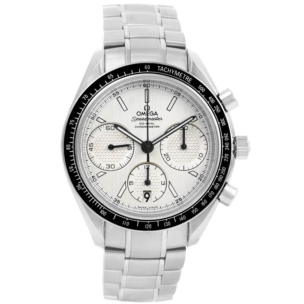 The Omega Speedmaster 326.30.40.50.02.001 Men
s Stainless Steel White Dial 326.30.40.50.02.001 Men
s Stainless Steel White Dial watch is shown from a front angle, displaying its dial, bezel, and stainless steel bracelet.