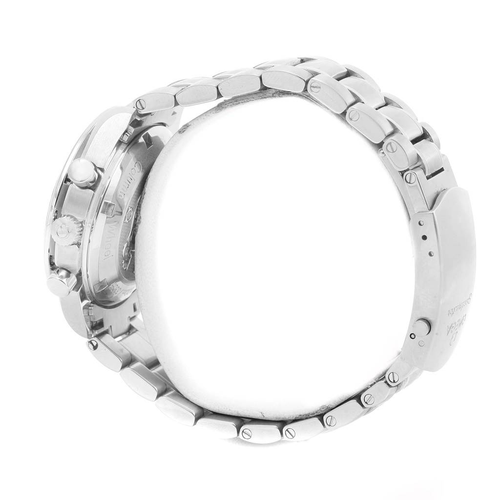 The image shows the side profile and bracelet of an Omega Speedmaster 326.30.40.50.02.001 Men
s Stainless Steel White Dial 326.30.40.50.02.001 Men
s Stainless Steel White Dial watch, highlighting its pushers and stainless steel links.