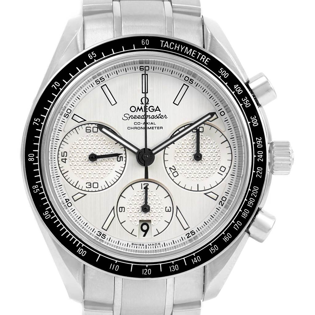 This image shows a front view of the Omega Speedmaster 326.30.40.50.02.001 Men
s Stainless Steel White Dial 326.30.40.50.02.001 Men
s Stainless Steel White Dial watch with its dial, chronographs, and stainless-steel bracelet clearly visible.