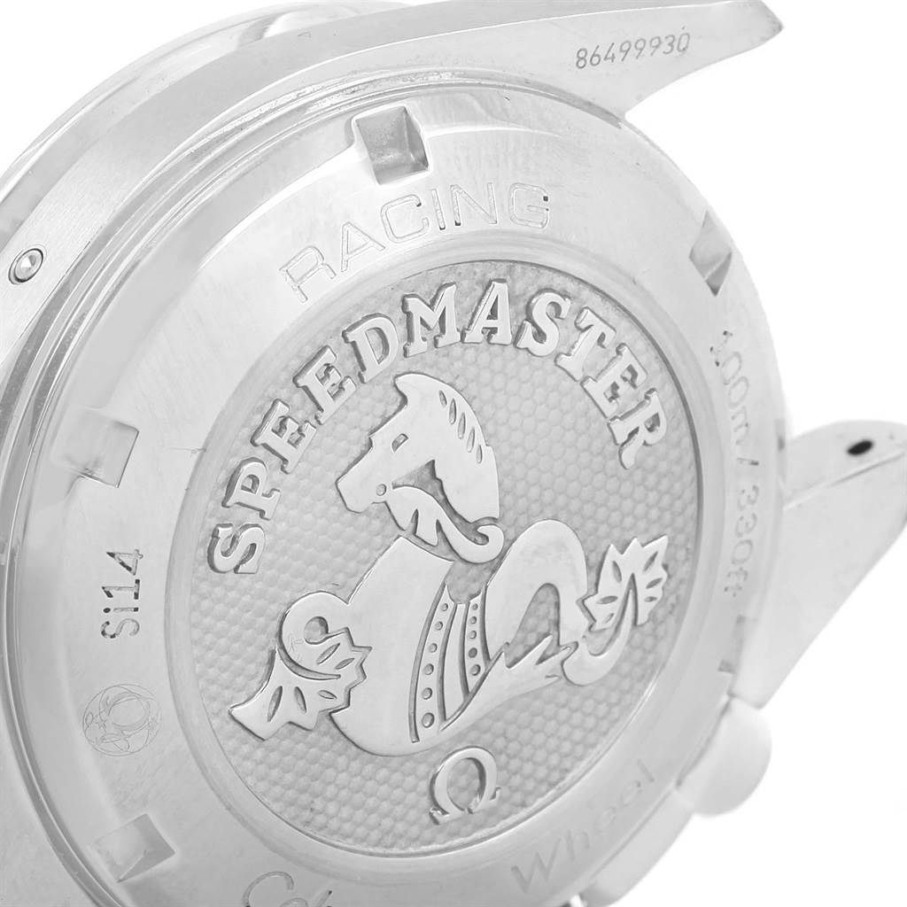 This image shows the back casing of the Omega Speedmaster 326.30.40.50.02.001 Men
s Stainless Steel White Dial 326.30.40.50.02.001 Men
s Stainless Steel White Dial watch, highlighting its engravings and the serial number.