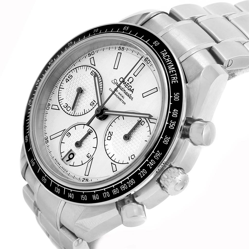 The image shows an Omega Speedmaster 326.30.40.50.02.001 Men
s Stainless Steel White Dial 326.30.40.50.02.001 Men
s Stainless Steel White Dial watch at an angled close-up, highlighting the face, bezel, tachymeter, and buttons.