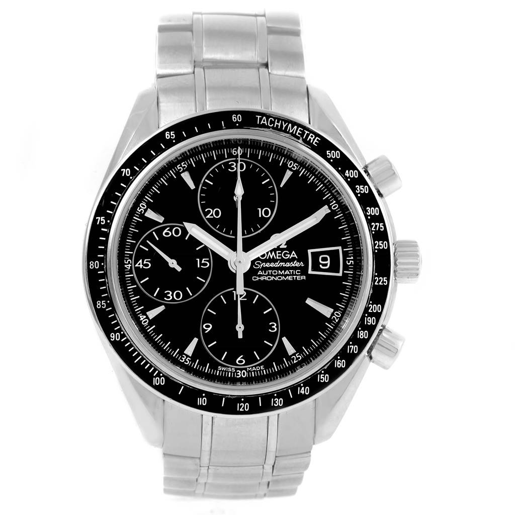 The image shows a front view of the Omega Speedmaster 3210.50.00 Men
s Stainless Steel Black Dial 3210.50.00 Men
s Stainless Steel Black Dial watch featuring its face, tachymeter bezel, and stainless steel bracelet.