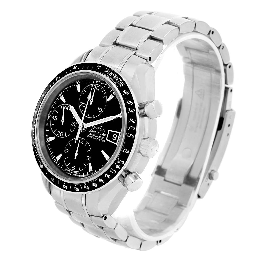 The image shows an Omega Speedmaster 3210.50.00 Men
s Stainless Steel Black Dial 3210.50.00 Men
s Stainless Steel Black Dial watch from a three-quarters angle, highlighting the face, bezel, and bracelet.