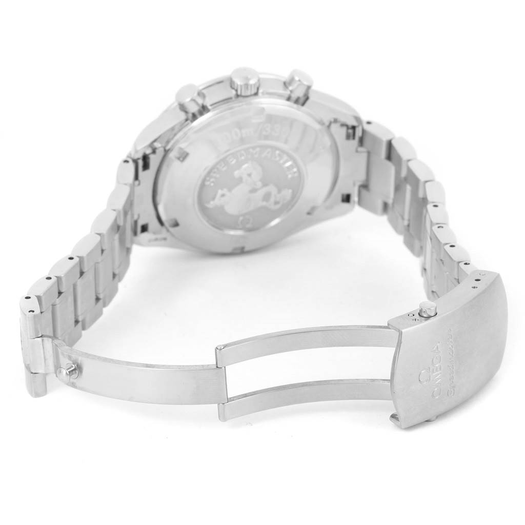 The image shows the back and bracelet of an Omega Speedmaster 3210.50.00 Men
s Stainless Steel Black Dial 3210.50.00 Men
s Stainless Steel Black Dial watch from a rear angle with the clasp open.