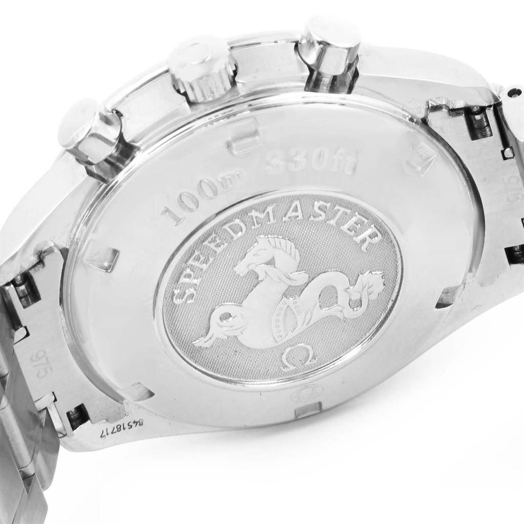 The image shows the back case and part of the bracelet of an Omega Speedmaster 3210.50.00 Men
s Stainless Steel Black Dial 3210.50.00 Men
s Stainless Steel Black Dial watch, featuring its engraved logo and water resistance details.