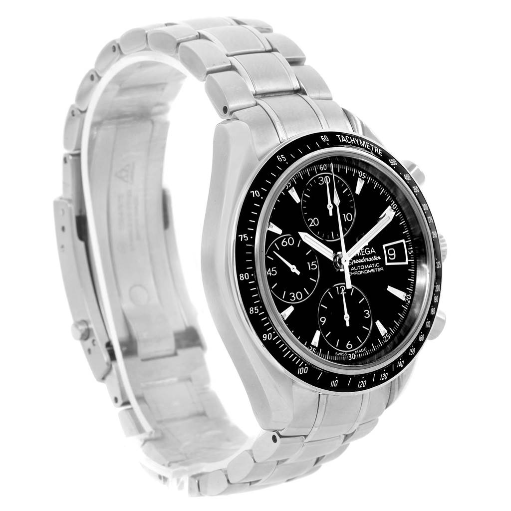 The image displays an angled view of an Omega Speedmaster 3210.50.00 Men
s Stainless Steel Black Dial 3210.50.00 Men
s Stainless Steel Black Dial watch showing its stainless steel bracelet, black dial, and chronograph features.