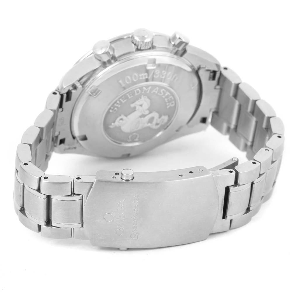 The image shows the back case, clasp, and bracelet of an Omega Speedmaster 3210.50.00 Men
s Stainless Steel Black Dial 3210.50.00 Men
s Stainless Steel Black Dial watch from an angled rear view.