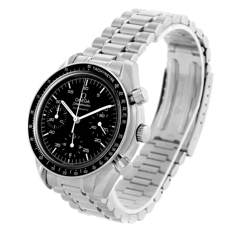 This Omega Speedmaster 3510.50.00 Men
s Stainless Steel Black Dial 3510.50.00 Men
s Stainless Steel Black Dial watch is shown at a three-quarter angle, focusing on the face, bezel, crown, pushers, and bracelet.
