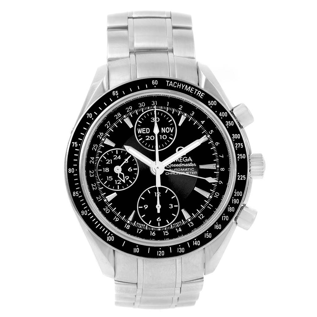This is a front view of the Omega Speedmaster 3220.50.00 Men
s Stainless Steel Black Dial 3220.50.00 Men
s Stainless Steel Black Dial watch, showing the dial, subdials, bezel, and metal strap.