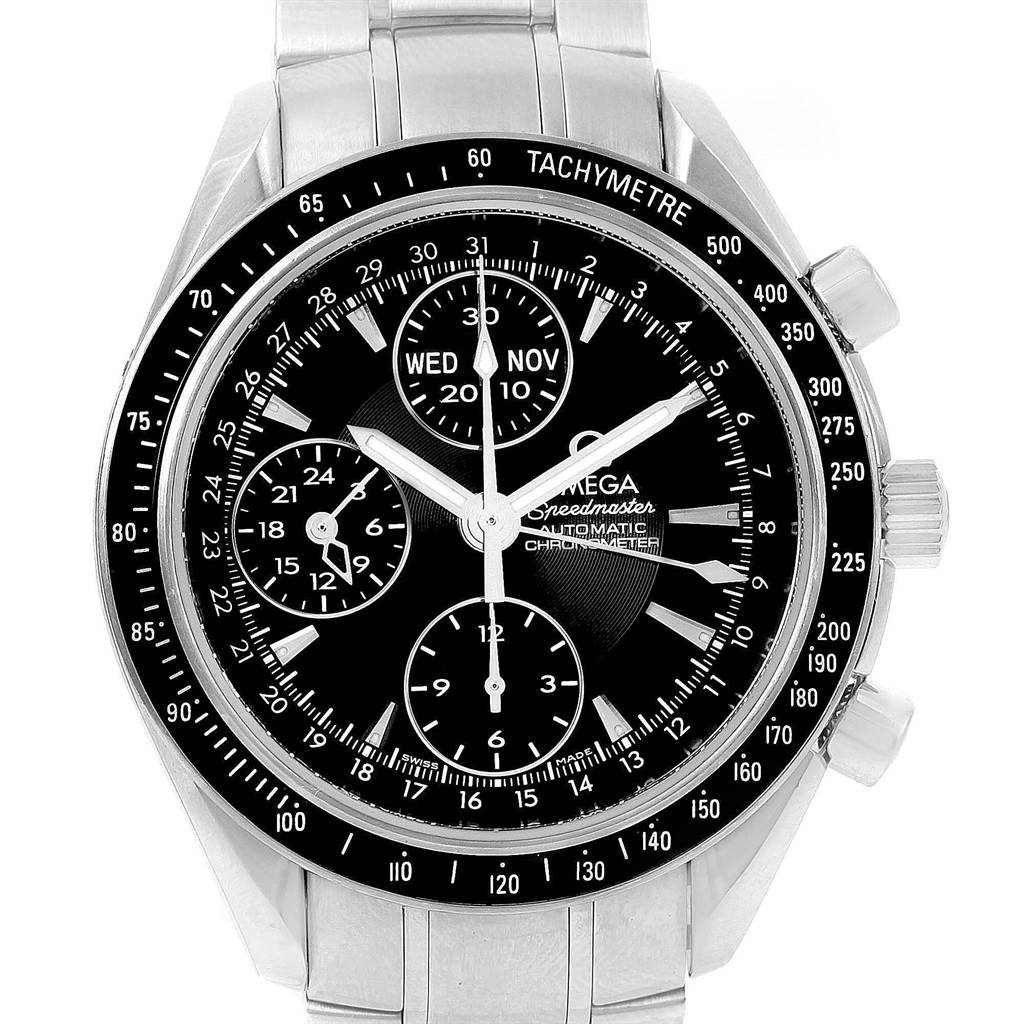 This image shows a frontal view of an Omega Speedmaster 3220.50.00 Men
s Stainless Steel Black Dial 3220.50.00 Men
s Stainless Steel Black Dial watch featuring multiple sub-dials and a tachymeter bezel.
