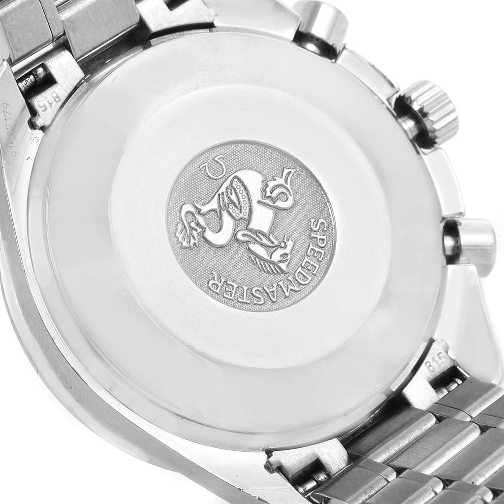 This is a close-up view of the case back and bracelet of an Omega Speedmaster 3539.50.00 Men
s Stainless Steel Black Dial 3539.50.00 Men
s Stainless Steel Black Dial watch.