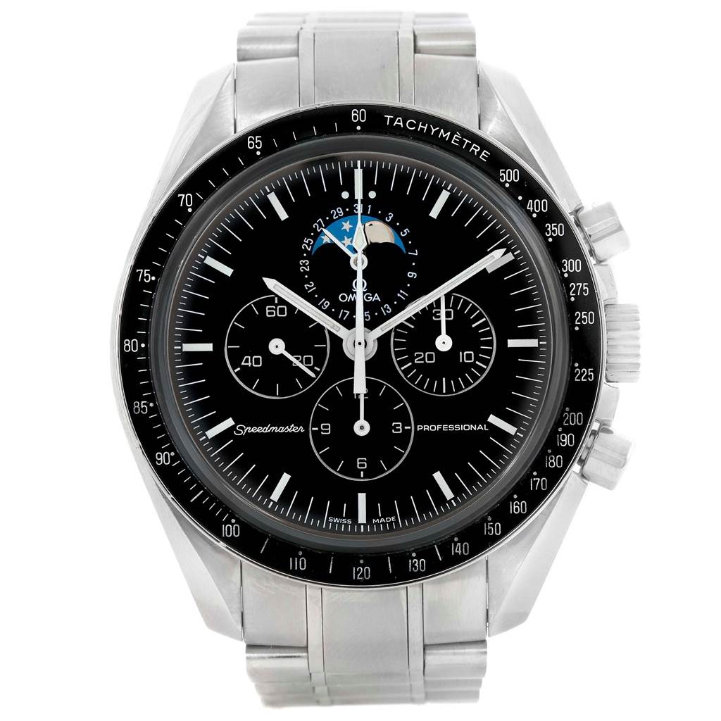 The image shows a front view of the Omega Speedmaster 3576.50.00 Men
s Stainless Steel Black Dial 3576.50.00 Men
s Stainless Steel Black Dial watch, highlighting its face, hands, subdials, and tachymeter bezel.