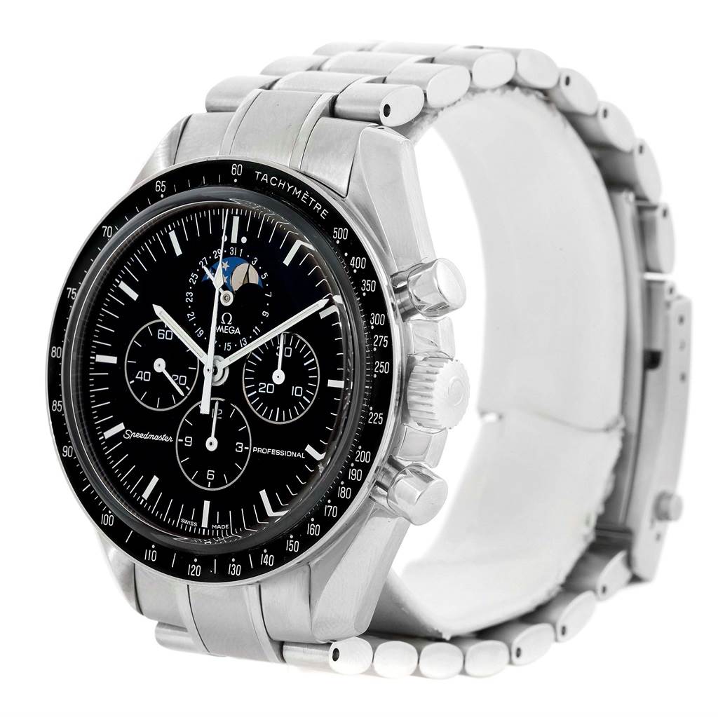 The Omega Speedmaster 3576.50.00 Men
s Stainless Steel Black Dial 3576.50.00 Men
s Stainless Steel Black Dial watch is shown at an angled side view, highlighting the face, bezel, and stainless steel bracelet.