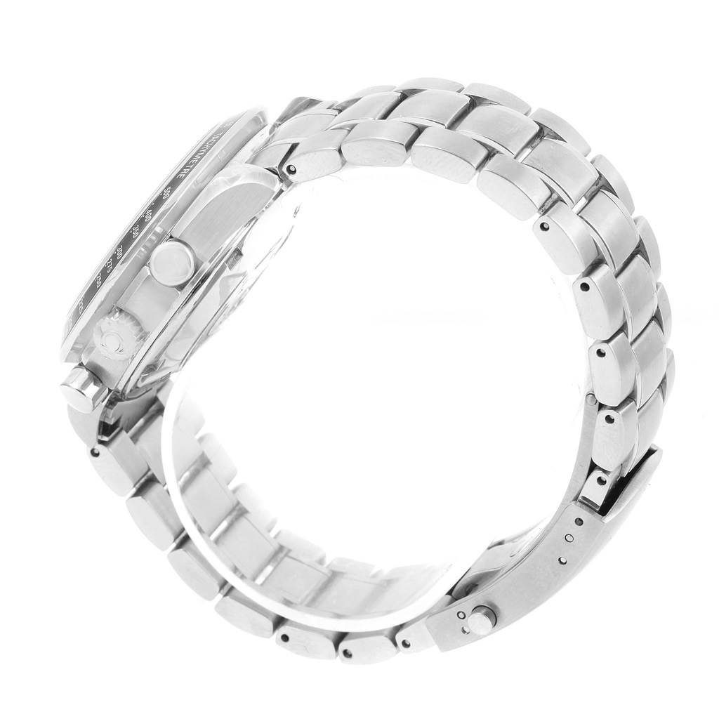 This side-angle view of the Omega Speedmaster 3210.51.00 Men
s Stainless Steel Black Dial 3210.51.00 Men
s Stainless Steel Black Dial shows its case, crown, pushers, and stainless steel bracelet.