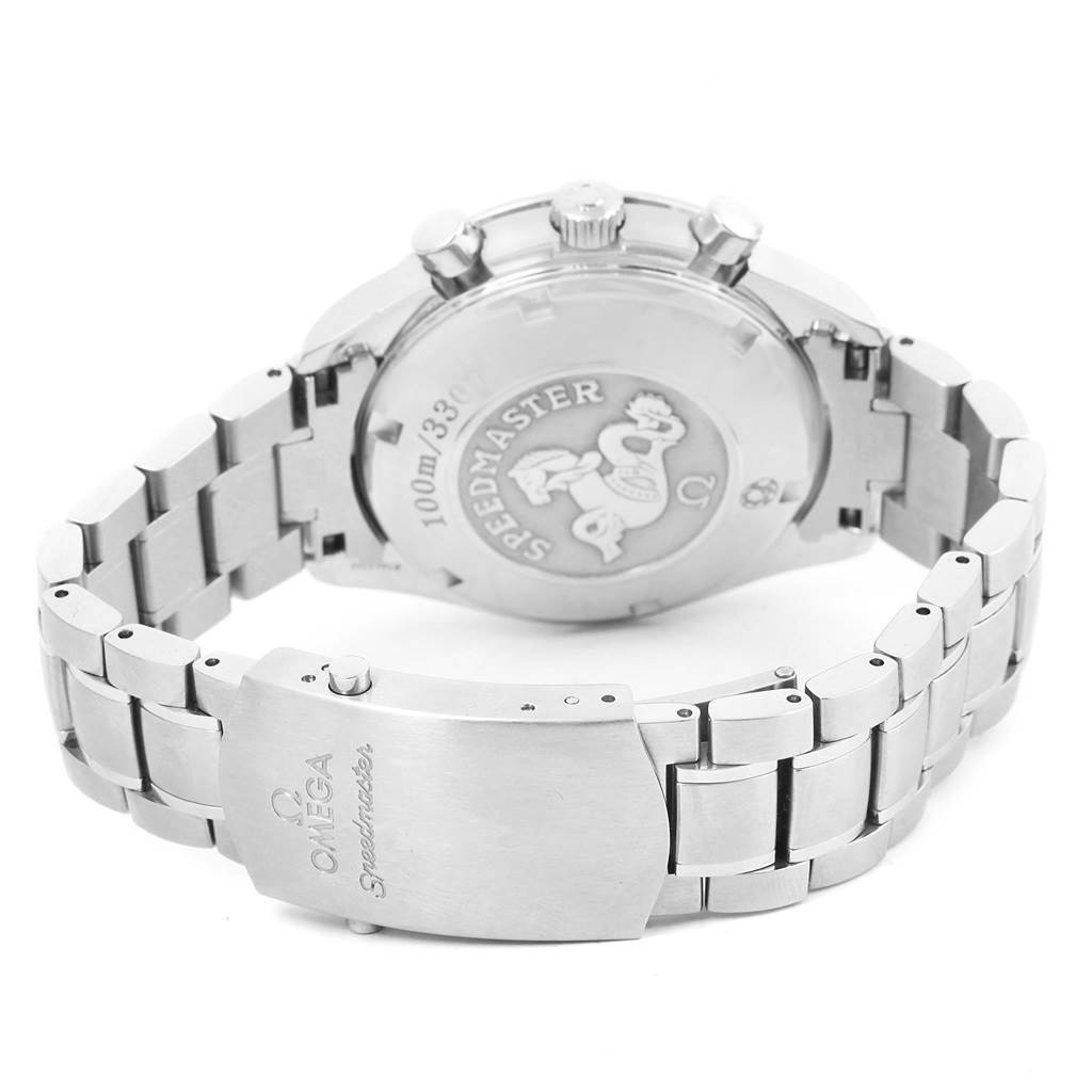The Omega Speedmaster 3210.51.00 Men
s Stainless Steel Black Dial 3210.51.00 Men
s Stainless Steel Black Dial watch is shown from the back, highlighting the case back and bracelet clasp.