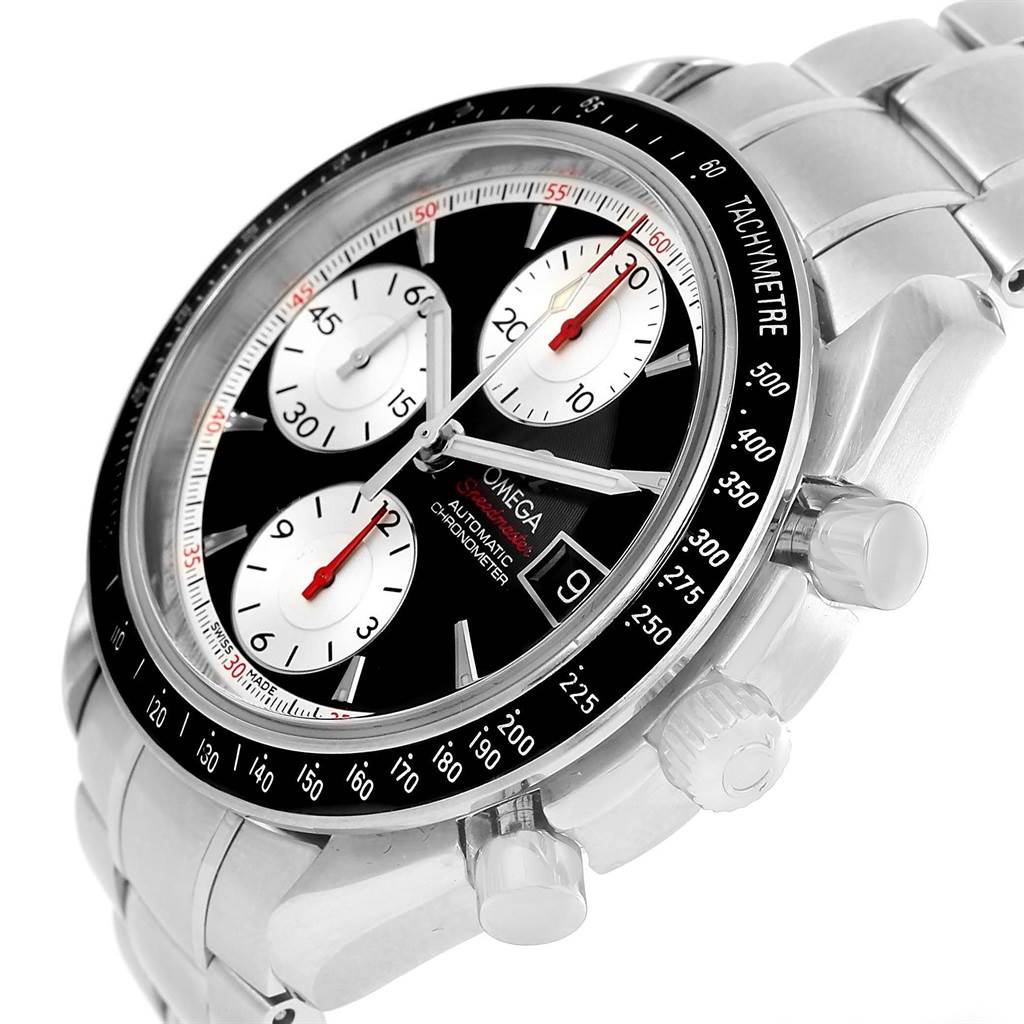 The image shows an Omega Speedmaster 3210.51.00 Men
s Stainless Steel Black Dial 3210.51.00 Men
s Stainless Steel Black Dial watch at a slight angle, highlighting the dial, tachymeter, pushers, and a steel bracelet.