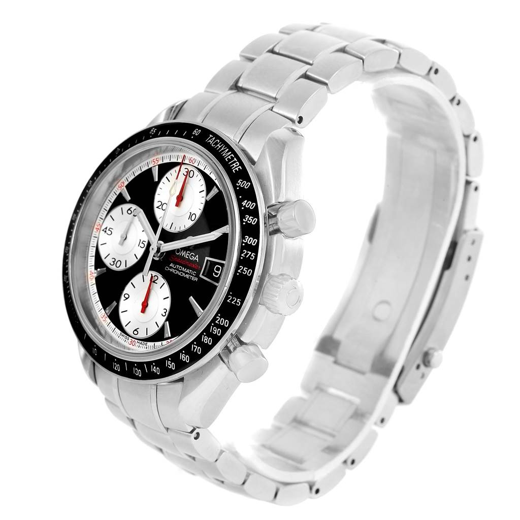 The Omega Speedmaster 3210.51.00 Men
s Stainless Steel Black Dial 3210.51.00 Men
s Stainless Steel Black Dial watch is shown at an angled side view, displaying its face, bezel, and stainless steel bracelet.