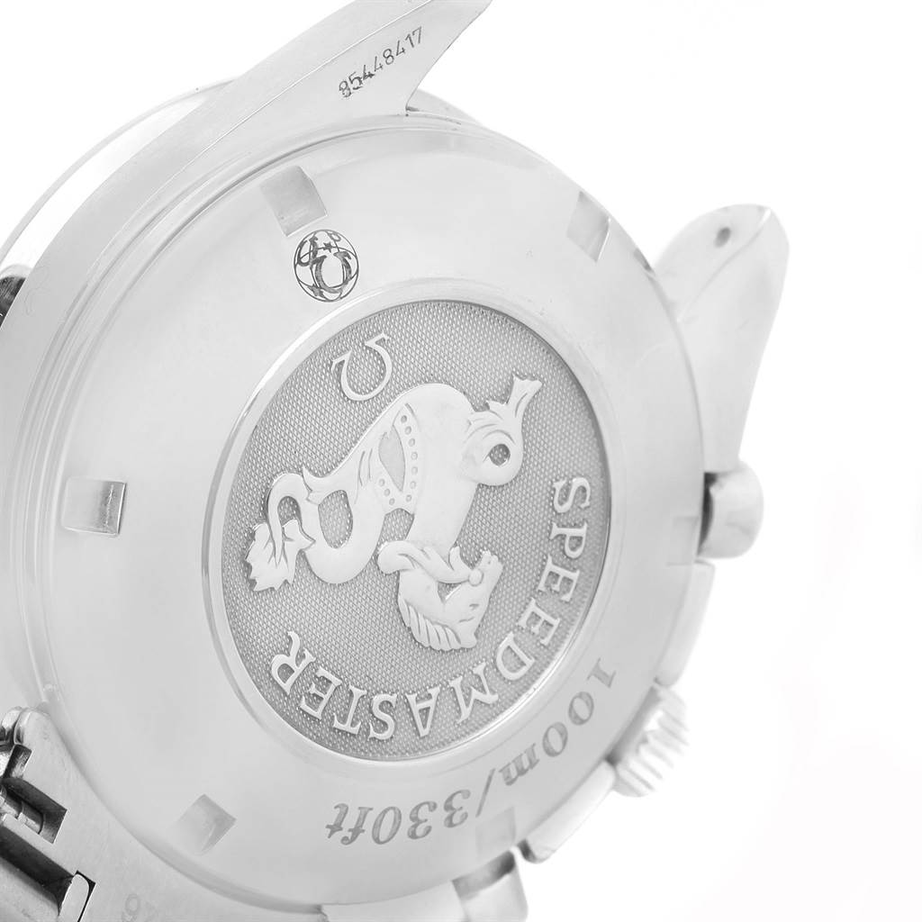 The image shows the case back of an Omega Speedmaster 3210.52.00 Men
s Stainless Steel Black Dial 3210.52.00 Men
s Stainless Steel Black Dial watch, highlighting the engraved logo and text.