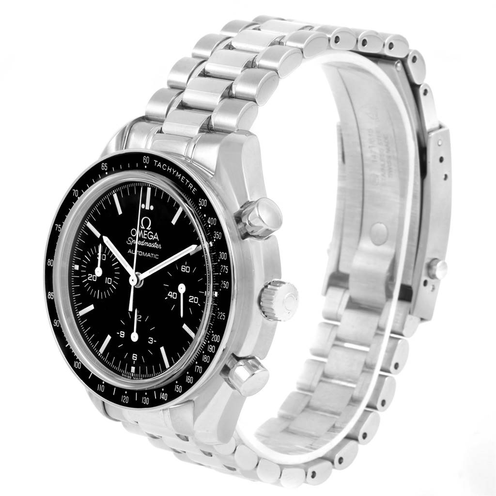 The Omega Speedmaster 3539.50.00 Men
s Stainless Steel Black Dial 3539.50.00 Men
s Stainless Steel Black Dial watch is shown at an angled view, displaying the face, bezel, crown, pushers, and metal bracelet.