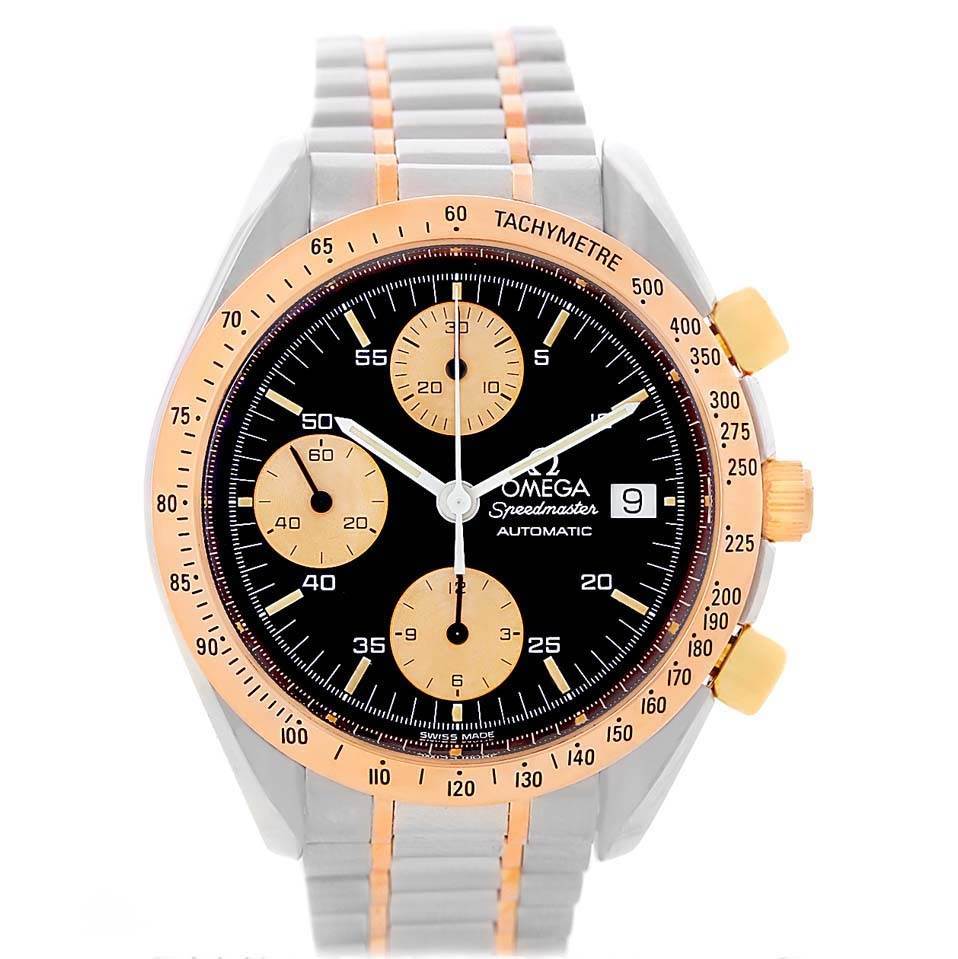 The image shows a front view of the Omega Speedmaster 3716.50.00 Men
s Steel and Gold (two tone) Black Dial 3716.50.00 Men
s Steel and Gold (two tone) Black Dial watch, displaying its black dial, subdials, and a date window.
