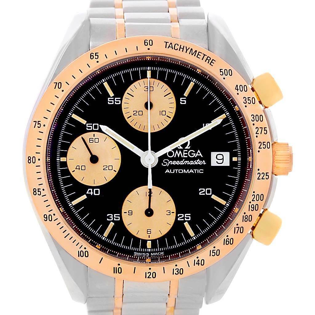 The image shows a front view of an Omega Speedmaster 3716.50.00 Men
s Steel and Gold (two tone) Black Dial 3716.50.00 Men
s Steel and Gold (two tone) Black Dial watch, highlighting its dial, tachymeter bezel, subdials, and bracelet.