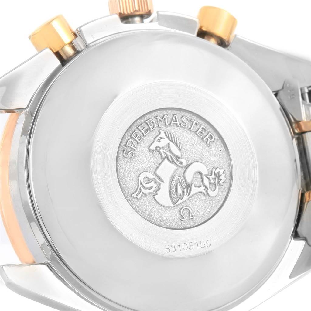 This image shows the case back and side view of the Omega Speedmaster 3716.50.00 Men
s Steel and Gold (two tone) Black Dial 3716.50.00 Men
s Steel and Gold (two tone) Black Dial watch.