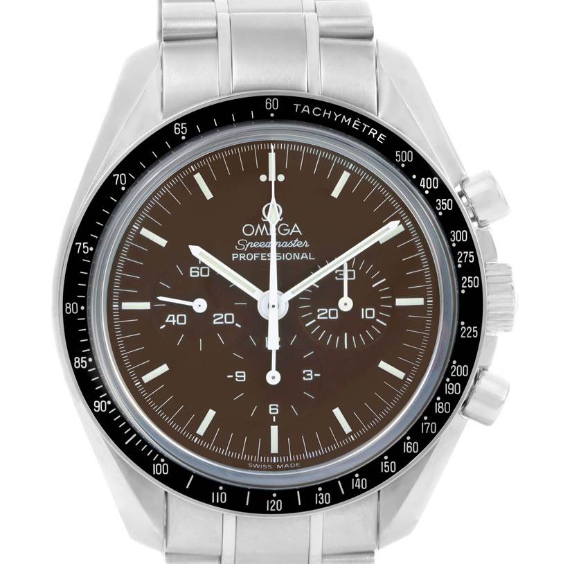 The image shows a frontal view of an Omega Speedmaster 311.30.42.30.13.001 Men's Stainless Steel Brown Dial 311.30.42.30.13.001 Men's Stainless Steel Brown Dial watch, highlighting the dial, tachymeter scale, and pushers.