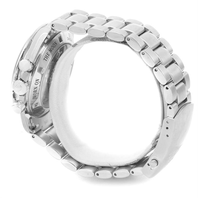 The image shows the side and back of an Omega Speedmaster 311.30.42.30.13.001 Men's Stainless Steel Brown Dial 311.30.42.30.13.001 Men's Stainless Steel Brown Dial watch with its metal bracelet and clasp visible.