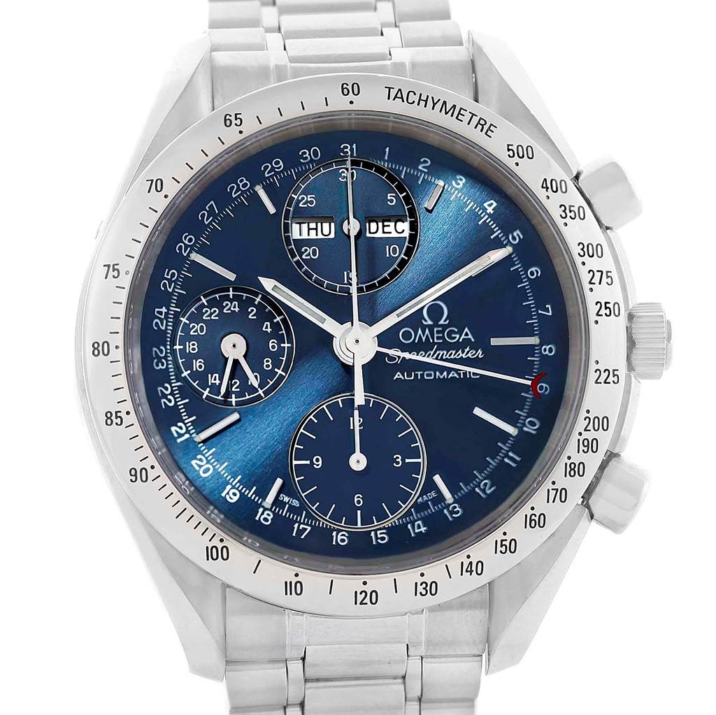 The image shows a front view of the Omega Speedmaster 3521.80.00 Men
s Blue Dial 3521.80.00 Men
s Blue Dial watch displaying its blue dial, tachymeter bezel, and chronograph subdials.