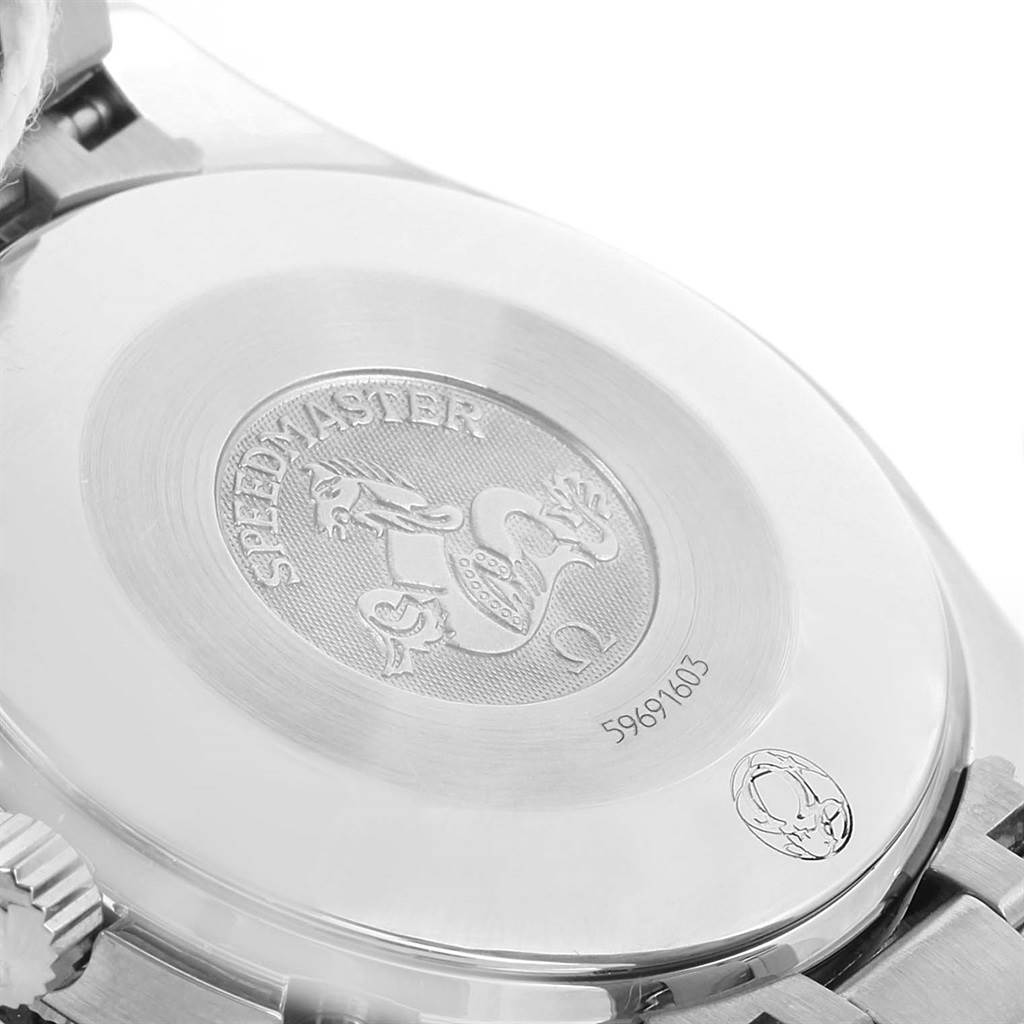 The image shows the engraved case back of an Omega Speedmaster 3539.50.00 Men
s Stainless Steel Black Dial 3539.50.00 Men
s Stainless Steel Black Dial watch from an angled close-up view.