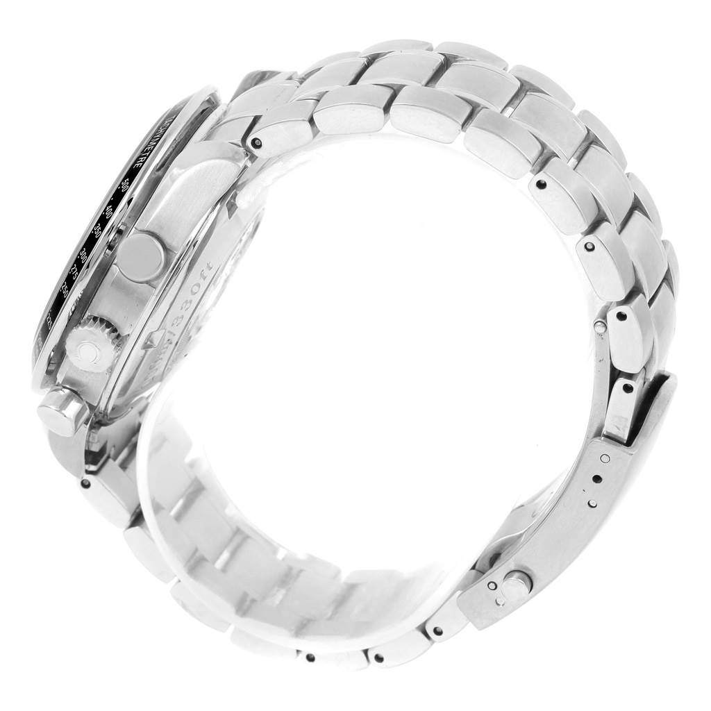 The image shows a side view of the Omega Speedmaster 3210.50.00 Men
s Stainless Steel Black Dial 3210.50.00 Men
s Stainless Steel Black Dial watch, highlighting the crown, pushers, and metal bracelet links.