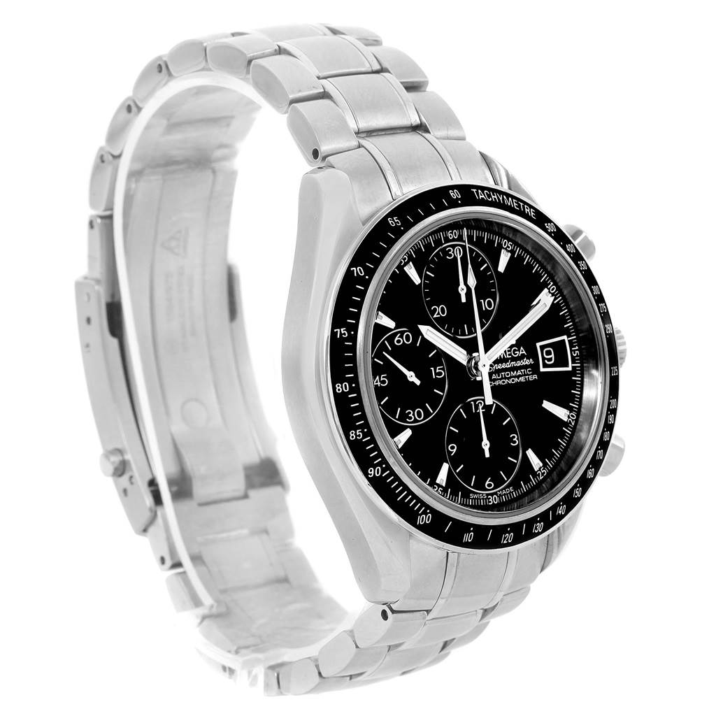 The Omega Speedmaster 3210.50.00 Men
s Stainless Steel Black Dial 3210.50.00 Men
s Stainless Steel Black Dial watch is shown at a 3/4 angle, displaying the face, bezel, and bracelet.