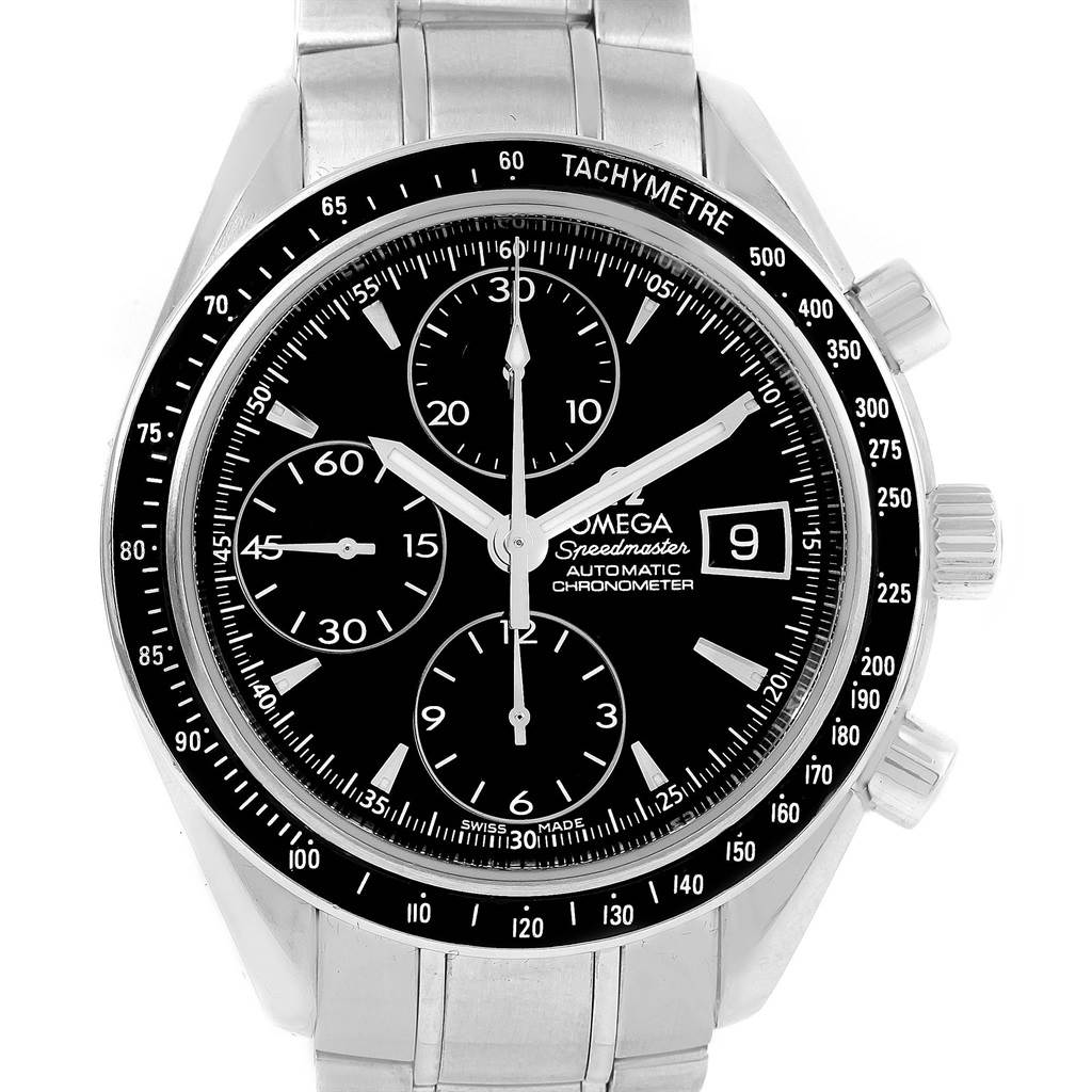 The Omega Speedmaster 3210.50.00 Men
s Stainless Steel Black Dial 3210.50.00 Men
s Stainless Steel Black Dial watch is displayed from a front angle, showcasing its dial, chronographs, tachymeter, and date window.