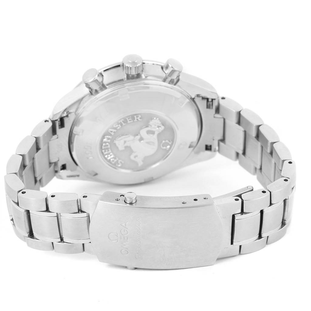 The image shows the back and bracelet of an Omega Speedmaster 3210.50.00 Men
s Stainless Steel Black Dial 3210.50.00 Men
s Stainless Steel Black Dial watch, highlighting the clasp and caseback.