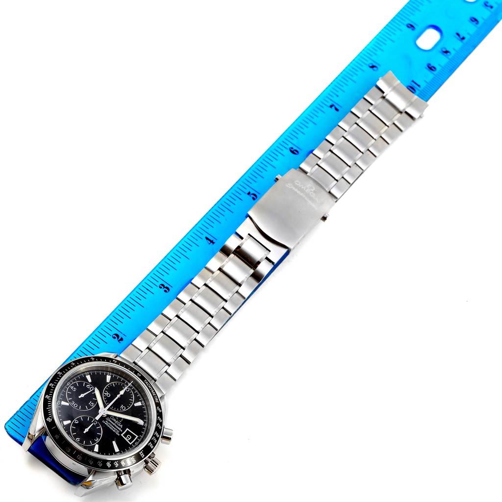 This image shows the Omega Speedmaster 3210.50.00 Men
s Stainless Steel Black Dial 3210.50.00 Men
s Stainless Steel Black Dial watch from a top-down angle, highlighting the face, bezel, and metal bracelet with a measurement scale.