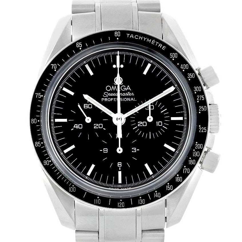 This front-facing image of the Omega Speedmaster 3573.50.00 Men
s Stainless Steel Black Dial 3573.50.00 Men
s Stainless Steel Black Dial watch shows the dial, tachymeter bezel, and steel bracelet.
