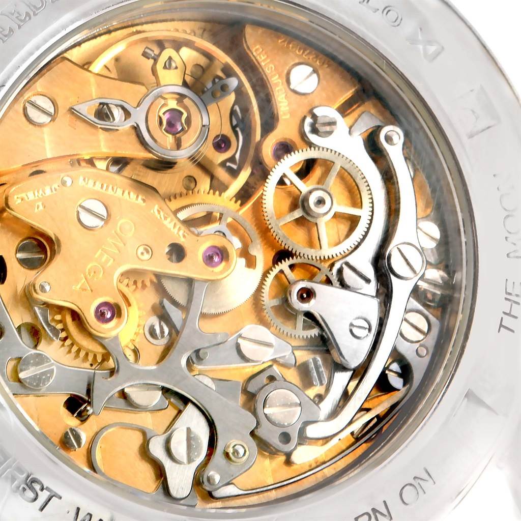 This image shows a close-up view of the intricate mechanical movement inside an Omega Speedmaster 3573.50.00 Men
s Stainless Steel Black Dial 3573.50.00 Men
s Stainless Steel Black Dial watch.