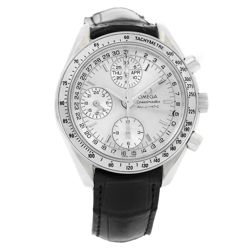 The image shows a front view of the Omega Speedmaster 3823.30.00 Men
s Stainless Steel Silver Dial 3823.30.00 Men
s Stainless Steel Silver Dial watch, highlighting the dial, sub-dials, and tachymeter.