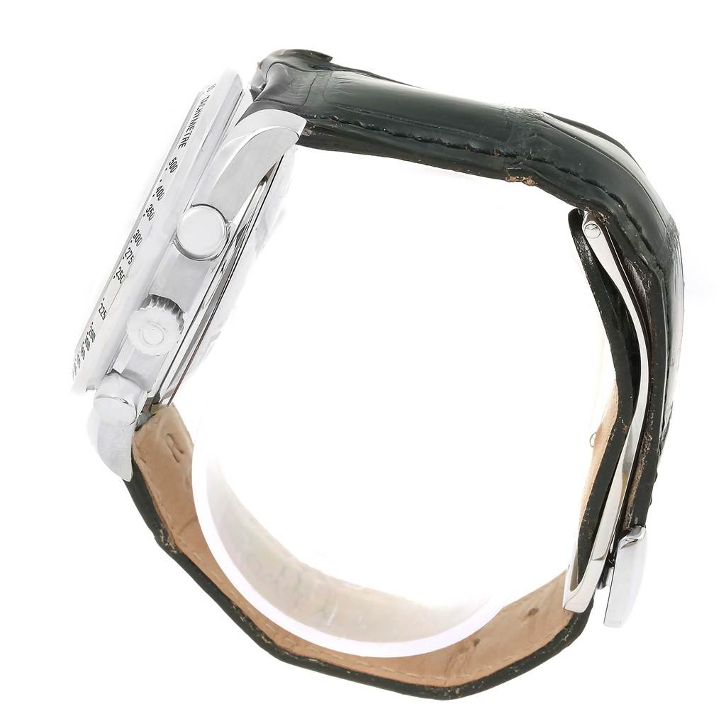 The image shows a side view of an Omega Speedmaster 3823.30.00 Men
s Stainless Steel Silver Dial 3823.30.00 Men
s Stainless Steel Silver Dial watch, highlighting the case, crown, pushers, and part of the strap.