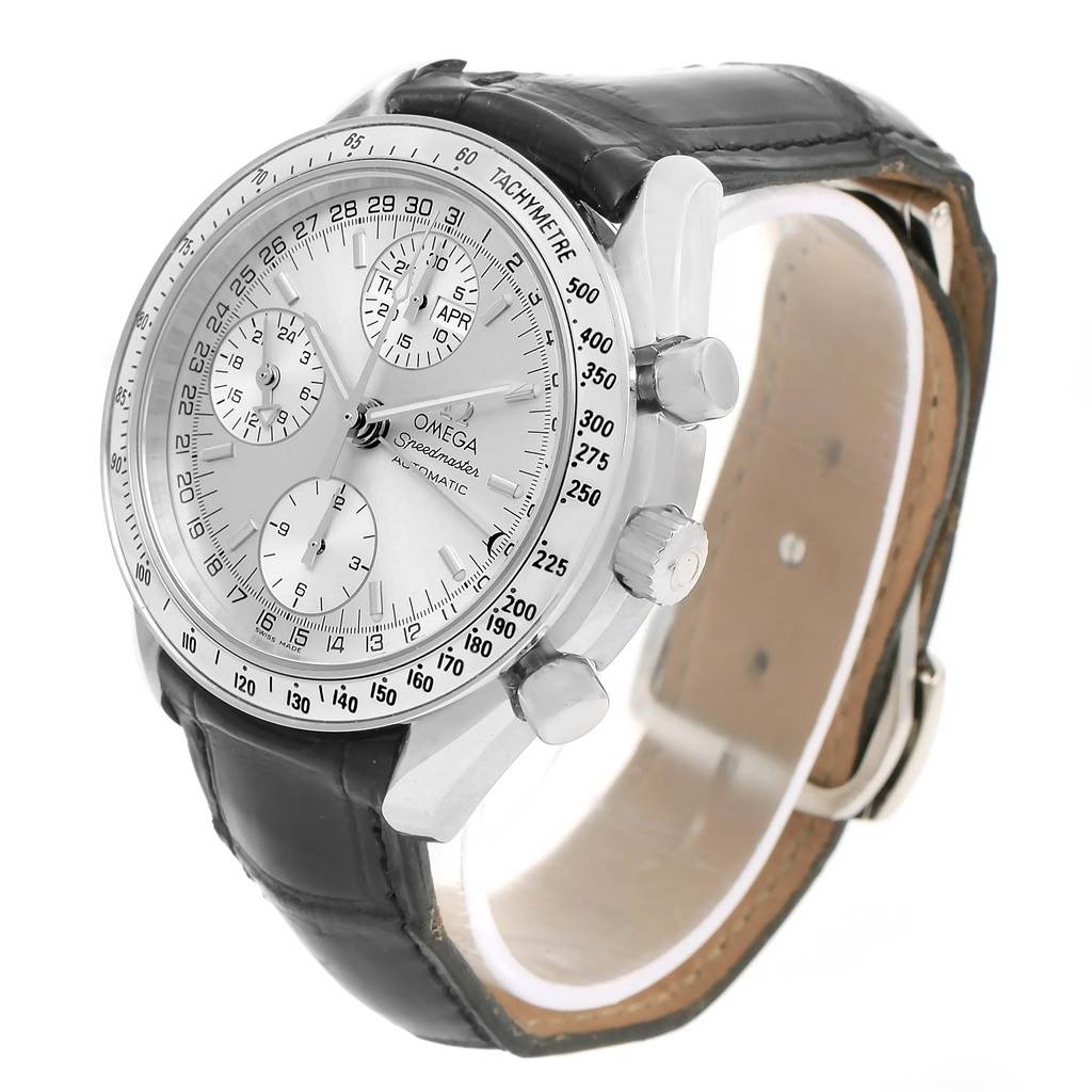 The image shows an angled view of the Omega Speedmaster 3823.30.00 Men
s Stainless Steel Silver Dial 3823.30.00 Men
s Stainless Steel Silver Dial watch face, side buttons, and a black leather strap.