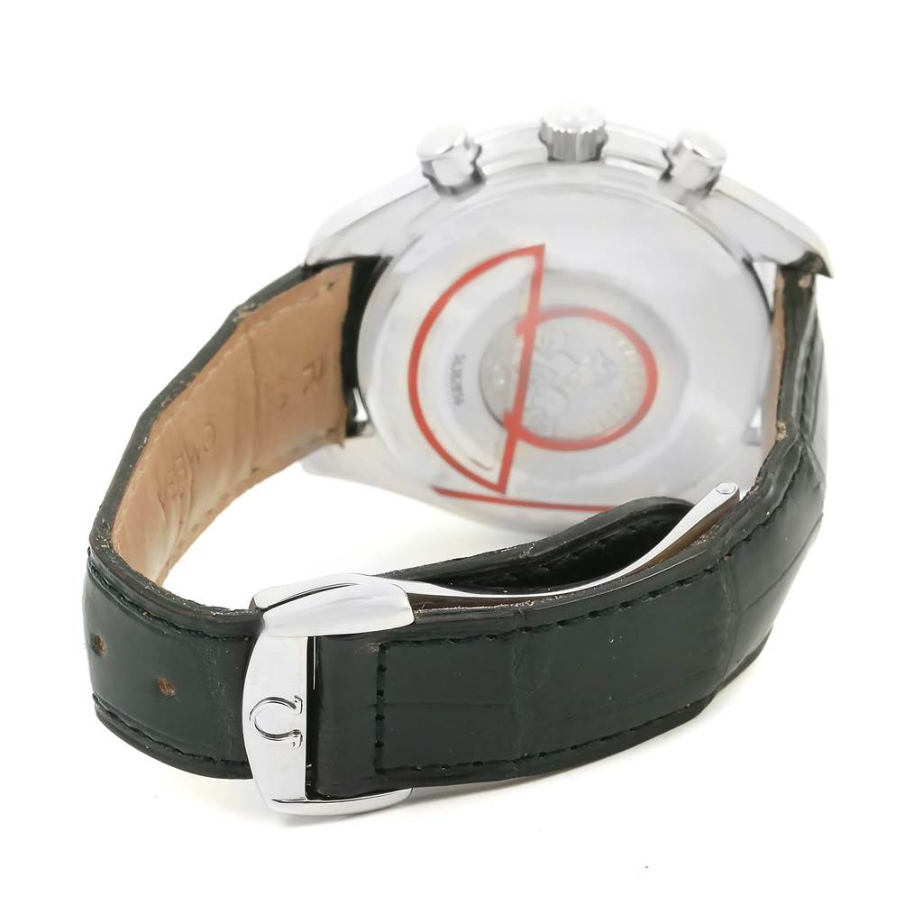 The image shows the back view of an Omega Speedmaster 3823.30.00 Men
s Stainless Steel Silver Dial 3823.30.00 Men
s Stainless Steel Silver Dial watch, highlighting its case back, clasp, and leather strap.