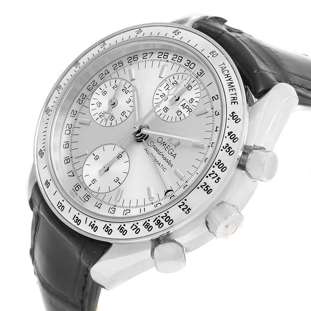 The Omega Speedmaster 3823.30.00 Men
s Stainless Steel Silver Dial 3823.30.00 Men
s Stainless Steel Silver Dial watch is depicted at an angled side view, showcasing the dial, sub-dials, and part of the leather strap.