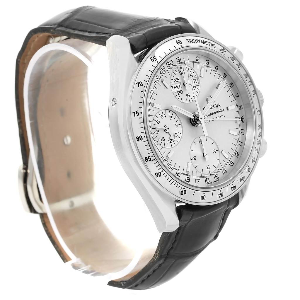 The Omega Speedmaster 3823.30.00 Men
s Stainless Steel Silver Dial 3823.30.00 Men
s Stainless Steel Silver Dial watch is shown at a three-quarter angle, highlighting the face, bezel, and leather strap.
