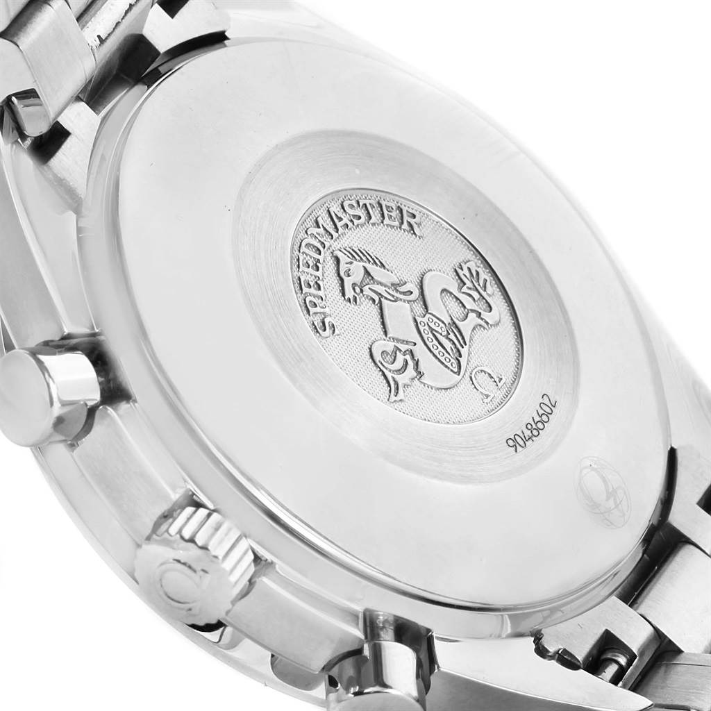 The image shows the backside of the Omega Speedmaster 3539.50.00 Men
s Stainless Steel Black Dial 3539.50.00 Men
s Stainless Steel Black Dial watch, highlighting the case back and part of the bracelet.