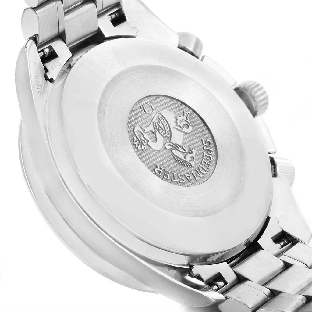 The image shows the case back and part of the bracelet of the Omega Speedmaster 3539.50.00 Men
s Stainless Steel Black Dial 3539.50.00 Men
s Stainless Steel Black Dial watch, viewed from a rear angle.